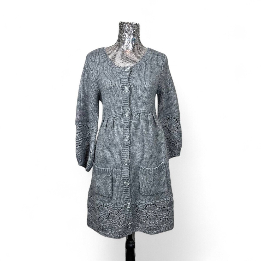 Cottagecore Gray Knit Babydoll Puff Sleeve Sweater Dress Medium Cozy Soft Grunge